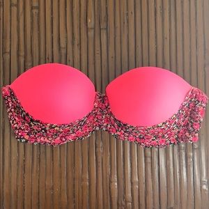 PINK 36C Floral Lace/Mesh Strapless Push-up Bra